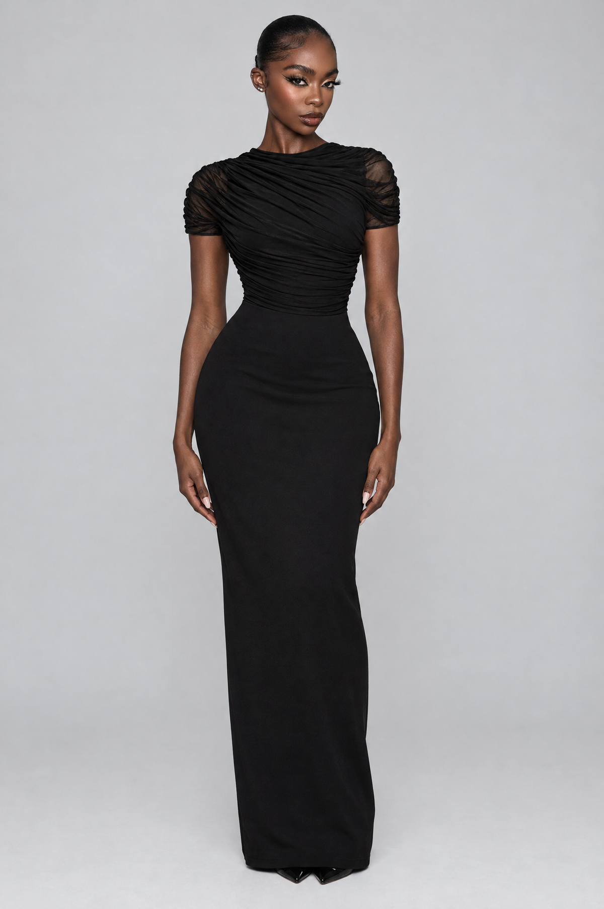 Onyx Ruched Mesh Bodysuit - front