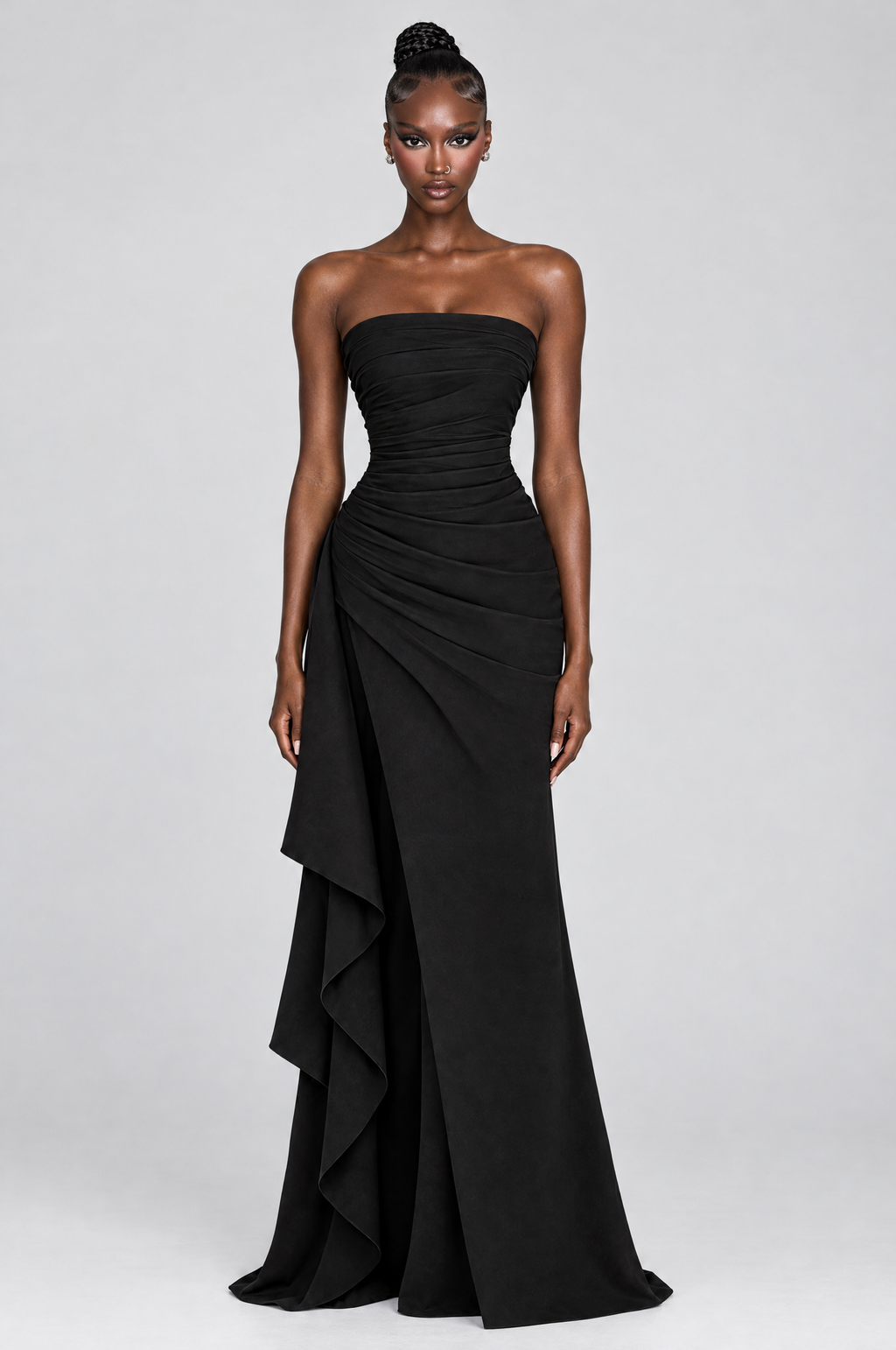 Obsidian Strapless Ruffle Maxi Gown - front