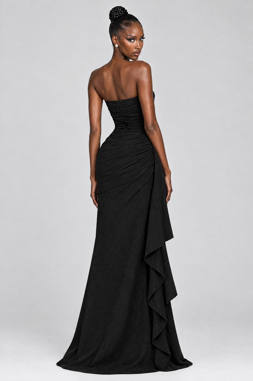 Obsidian Strapless Ruffle Maxi Gown - back