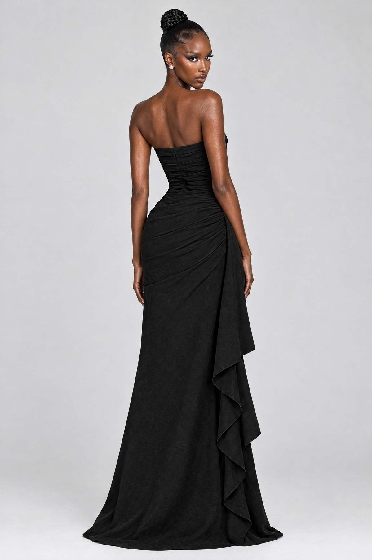 Obsidian Strapless Ruffle Maxi Gown - back