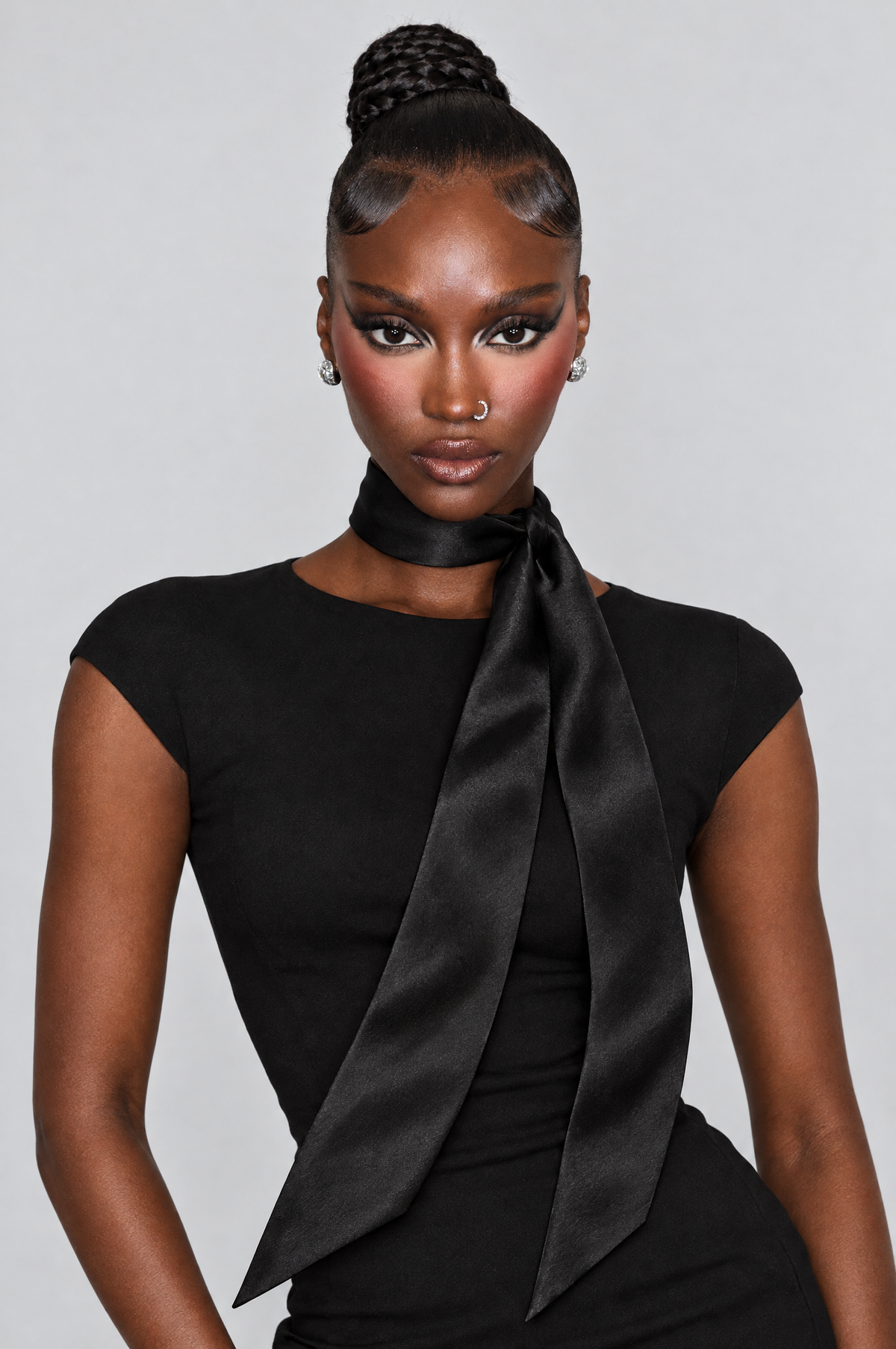 Noir Satin Skinny Scarf - styled