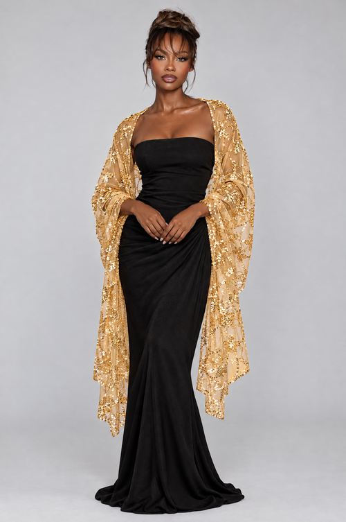 Aurelia Gold Sequin Shawl - styled