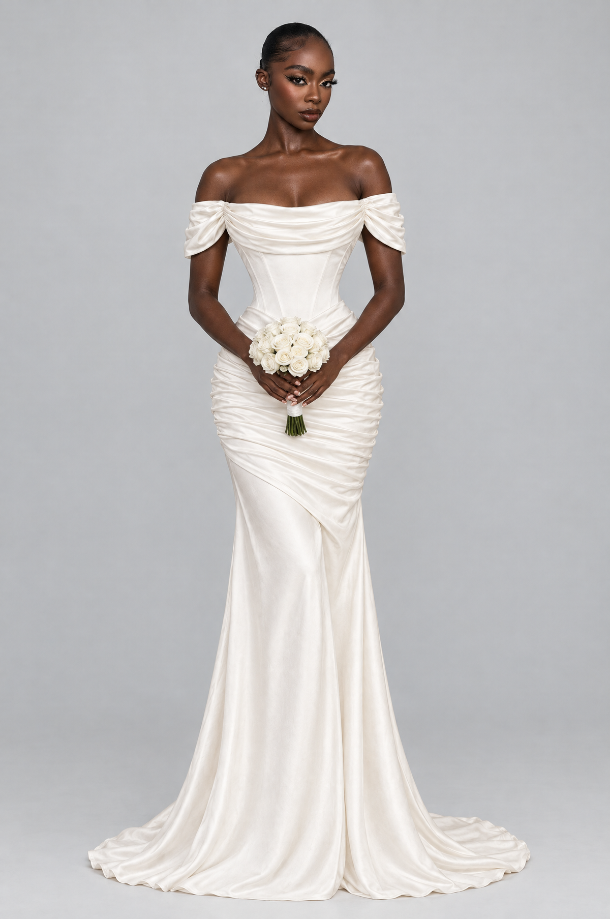 Vow Off-Shoulder Ruched Mermaid Gown - front