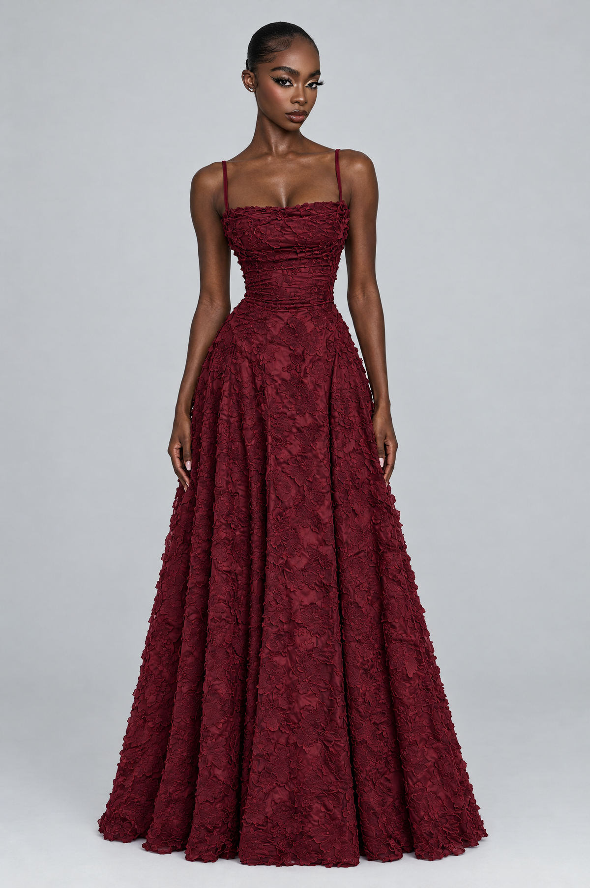 Cerise Textured Corset A-Line Maxi Dress - front