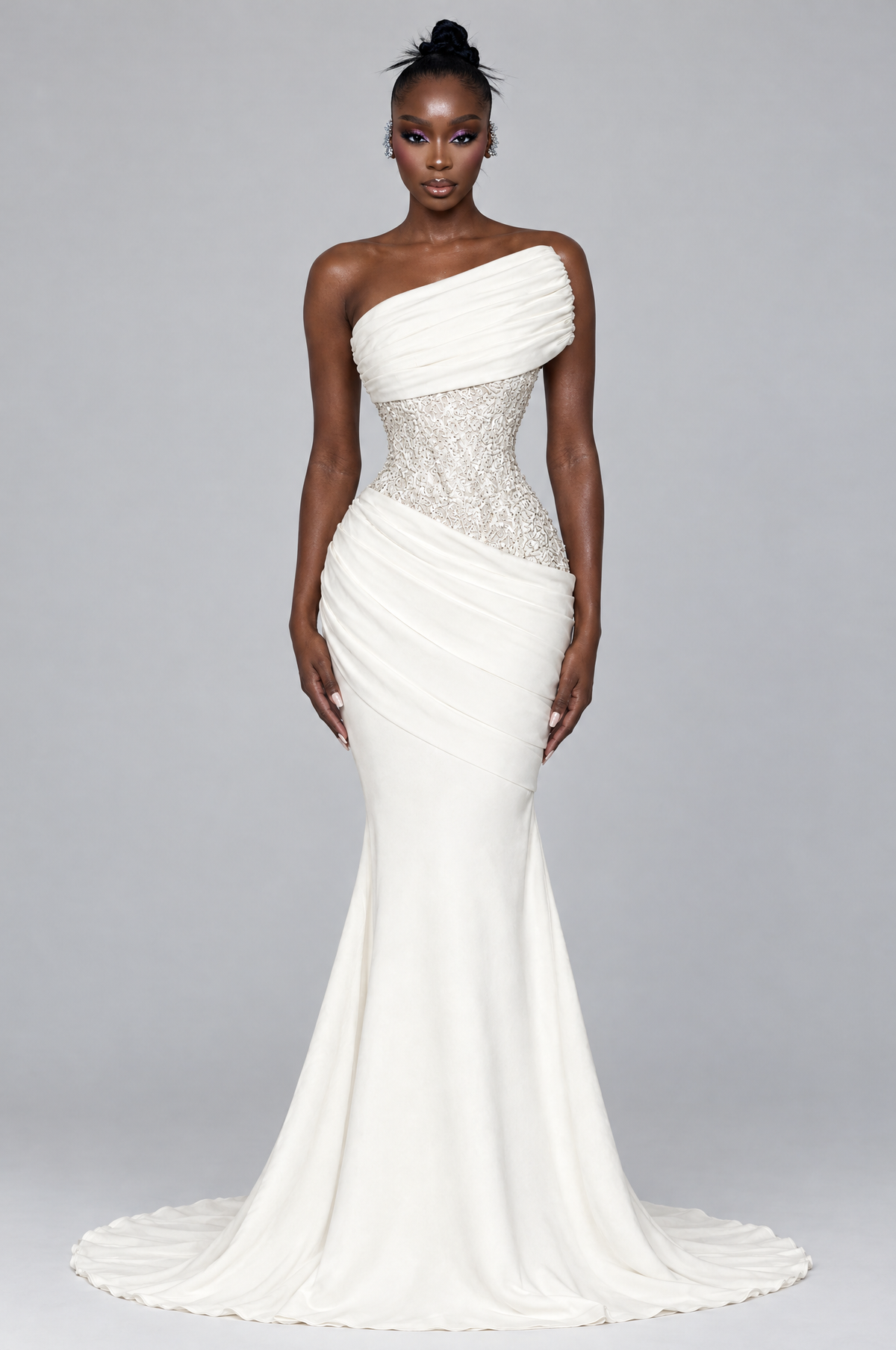 Opaline One-Shoulder Lace Corset Mermaid Gown - front