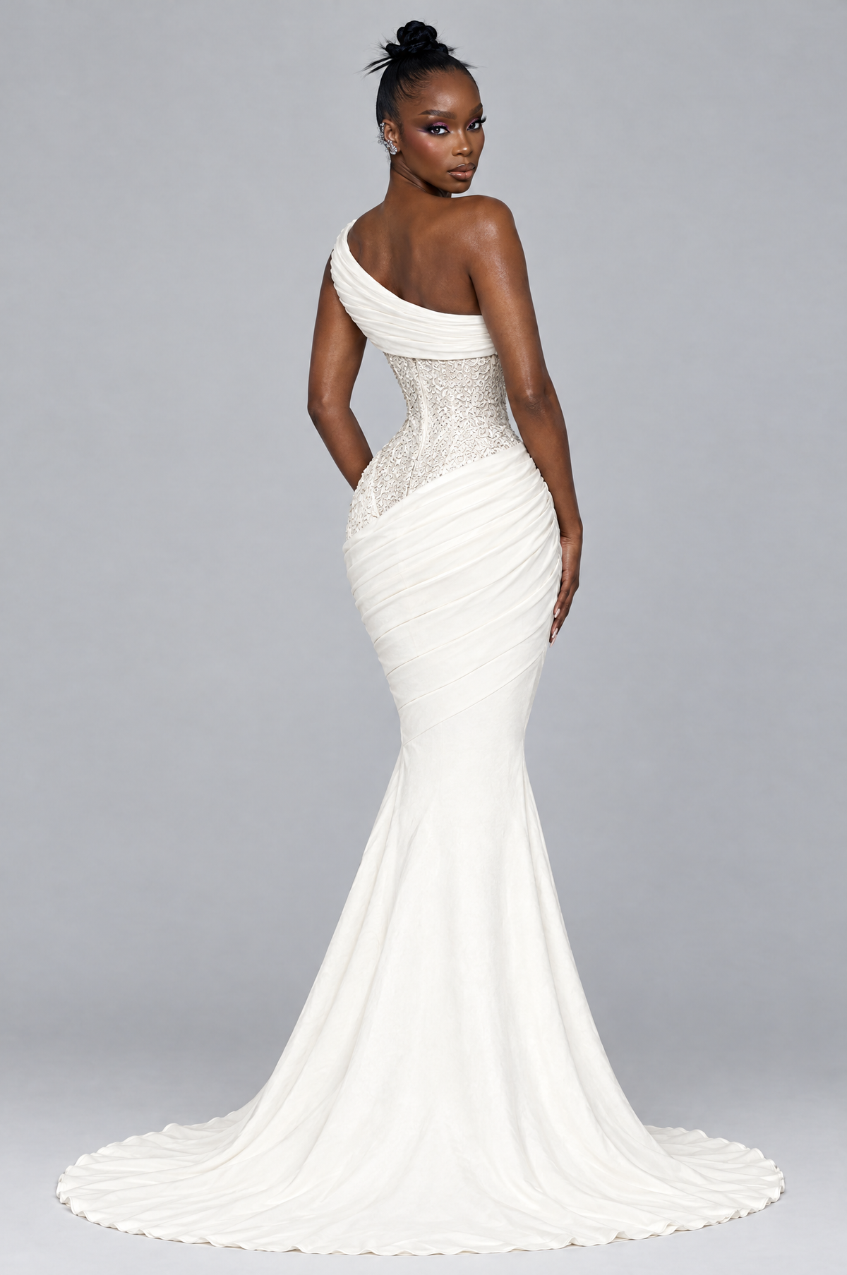 Opaline One-Shoulder Lace Corset Mermaid Gown - back