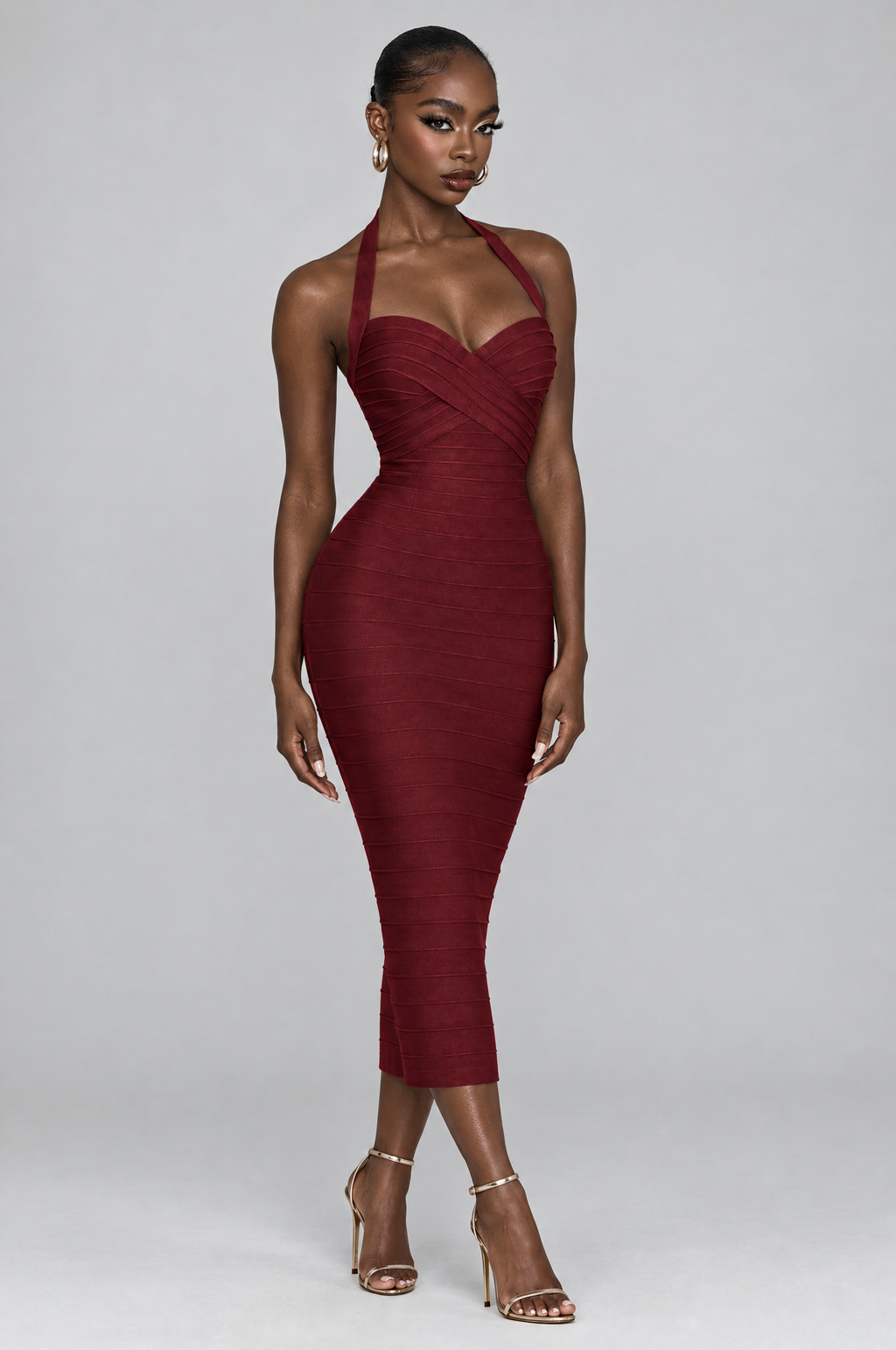 Cherry Halter Bandage Midi Dress - front
