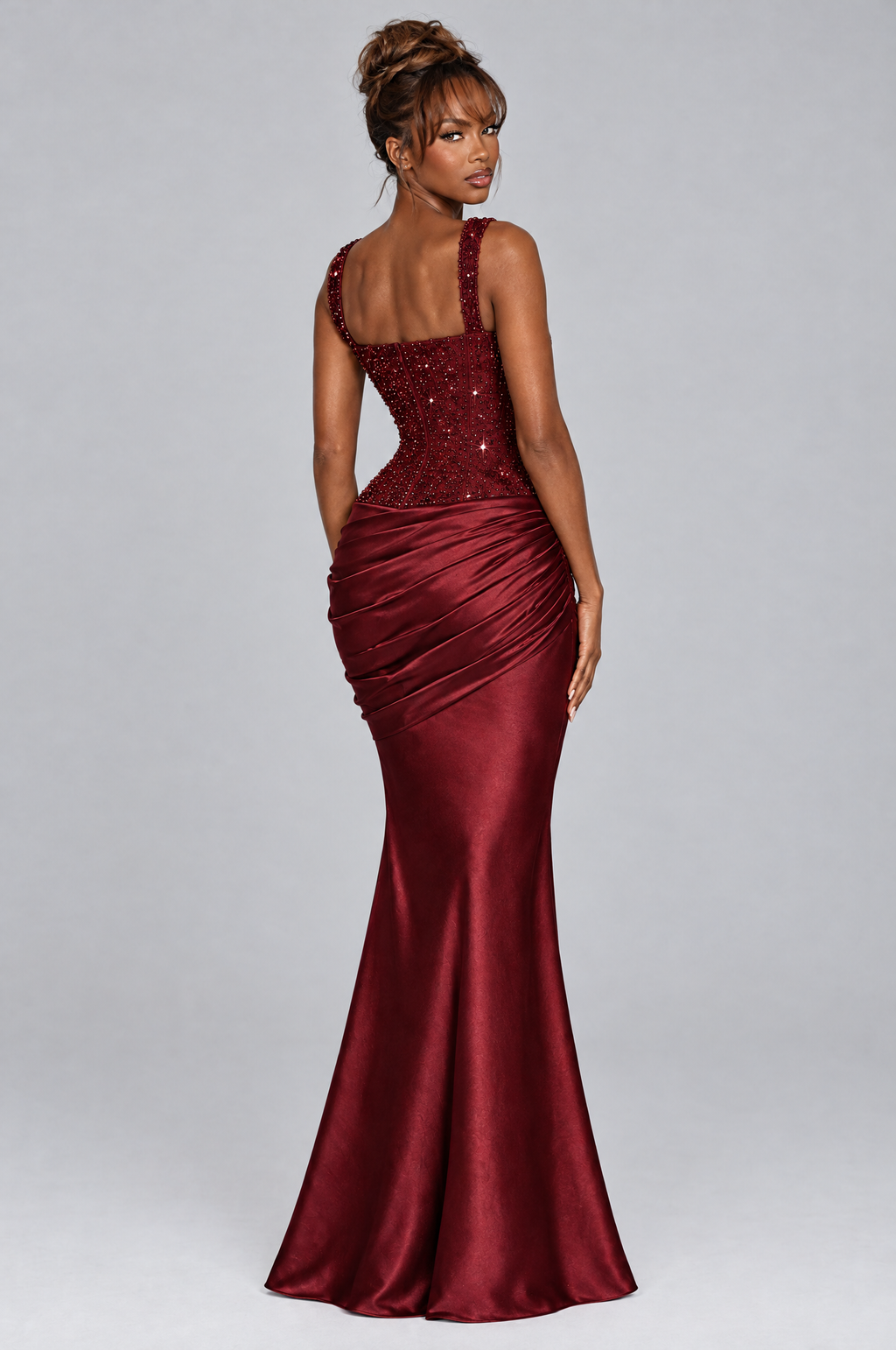 Bordeaux Beaded Corset Satin Mermaid Maxi Dress - back