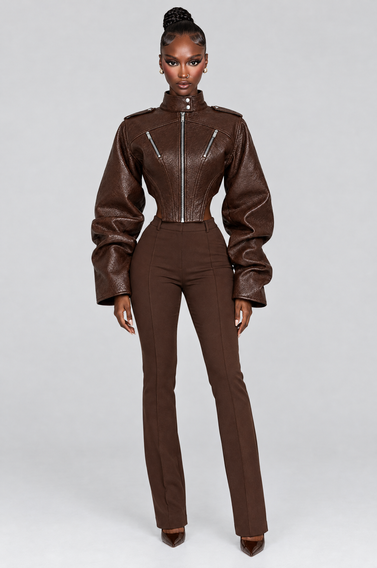 Espresso Cropped Faux-Leather Moto Jacket - front