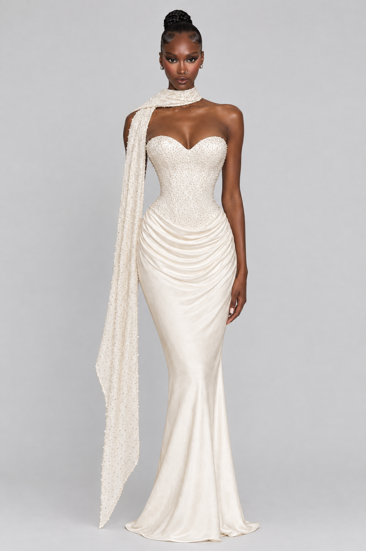 Swan Strapless Corset Scarf Maxi Dress - front