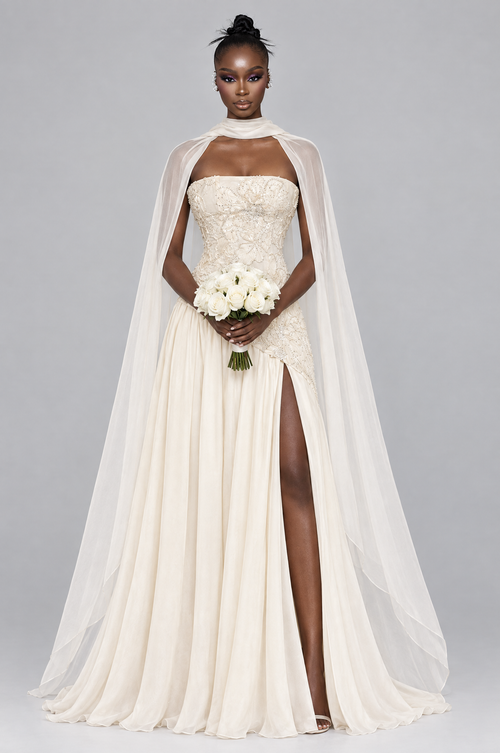 Aurelle Strapless Slit Maxi Dress with Chiffon Cape - front