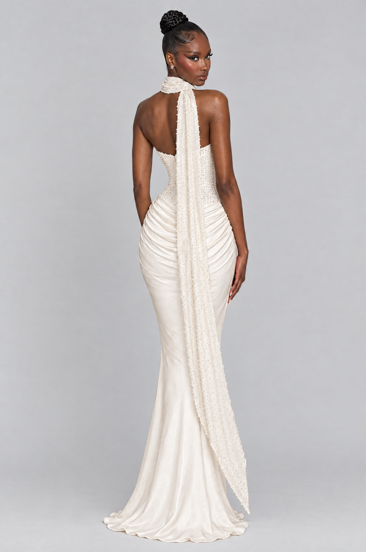 Swan Strapless Corset Scarf Maxi Dress - back