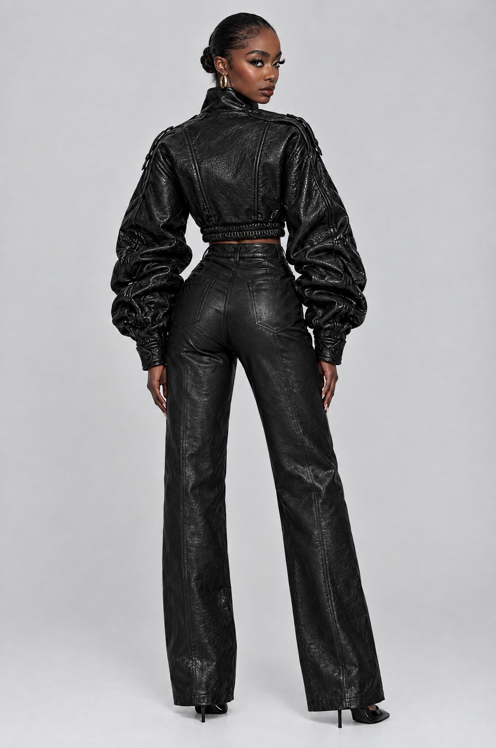 Ink Cropped Faux-Leather Funnel-Neck Jacket - back