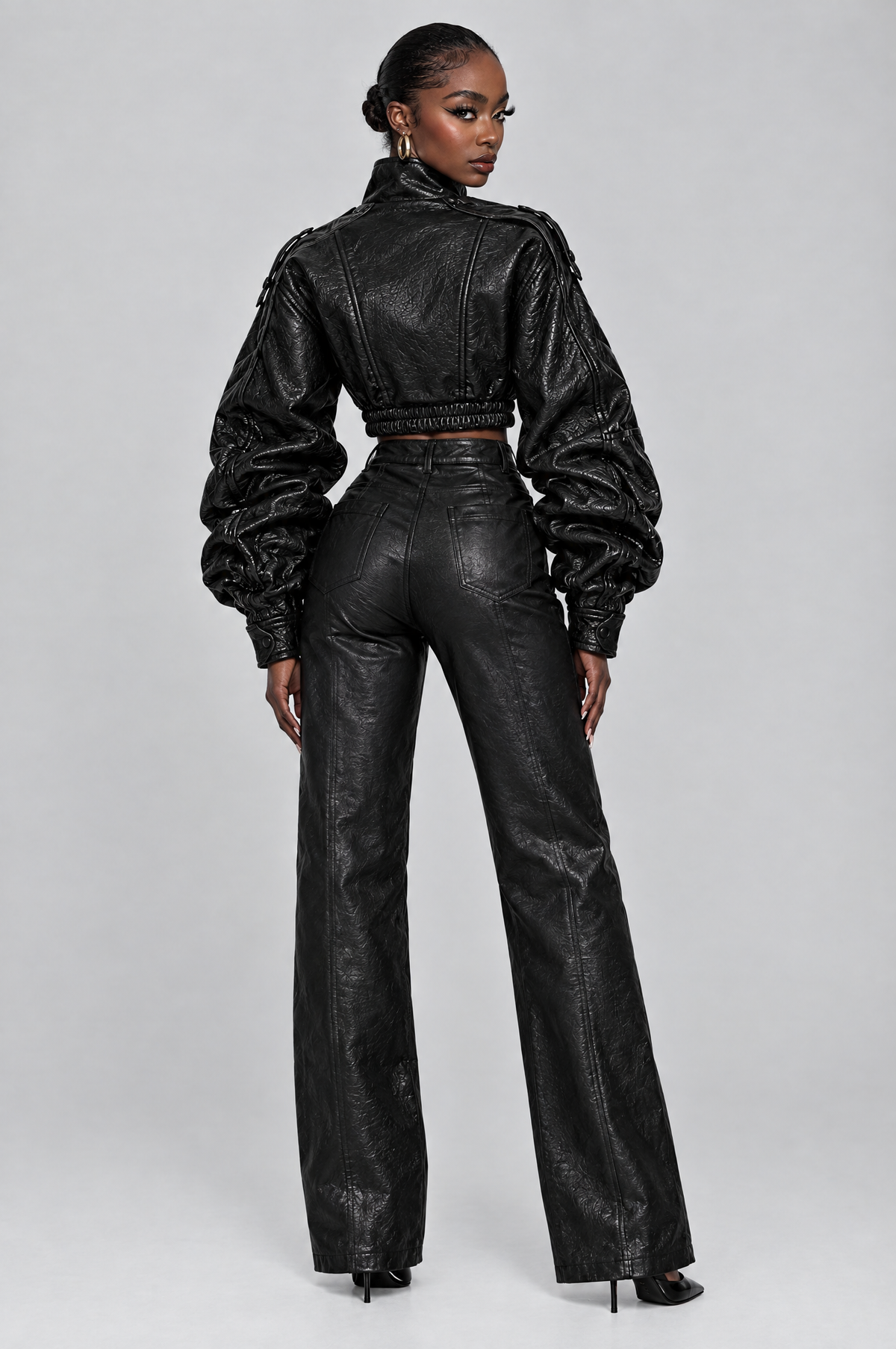Ink Cropped Faux-Leather Funnel-Neck Jacket - back
