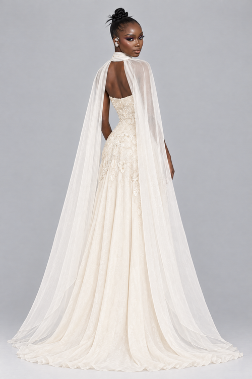 Aurelle Strapless Slit Maxi Dress with Chiffon Cape - back