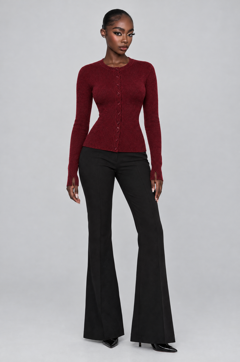 Claret Ribbed Button Cardigan