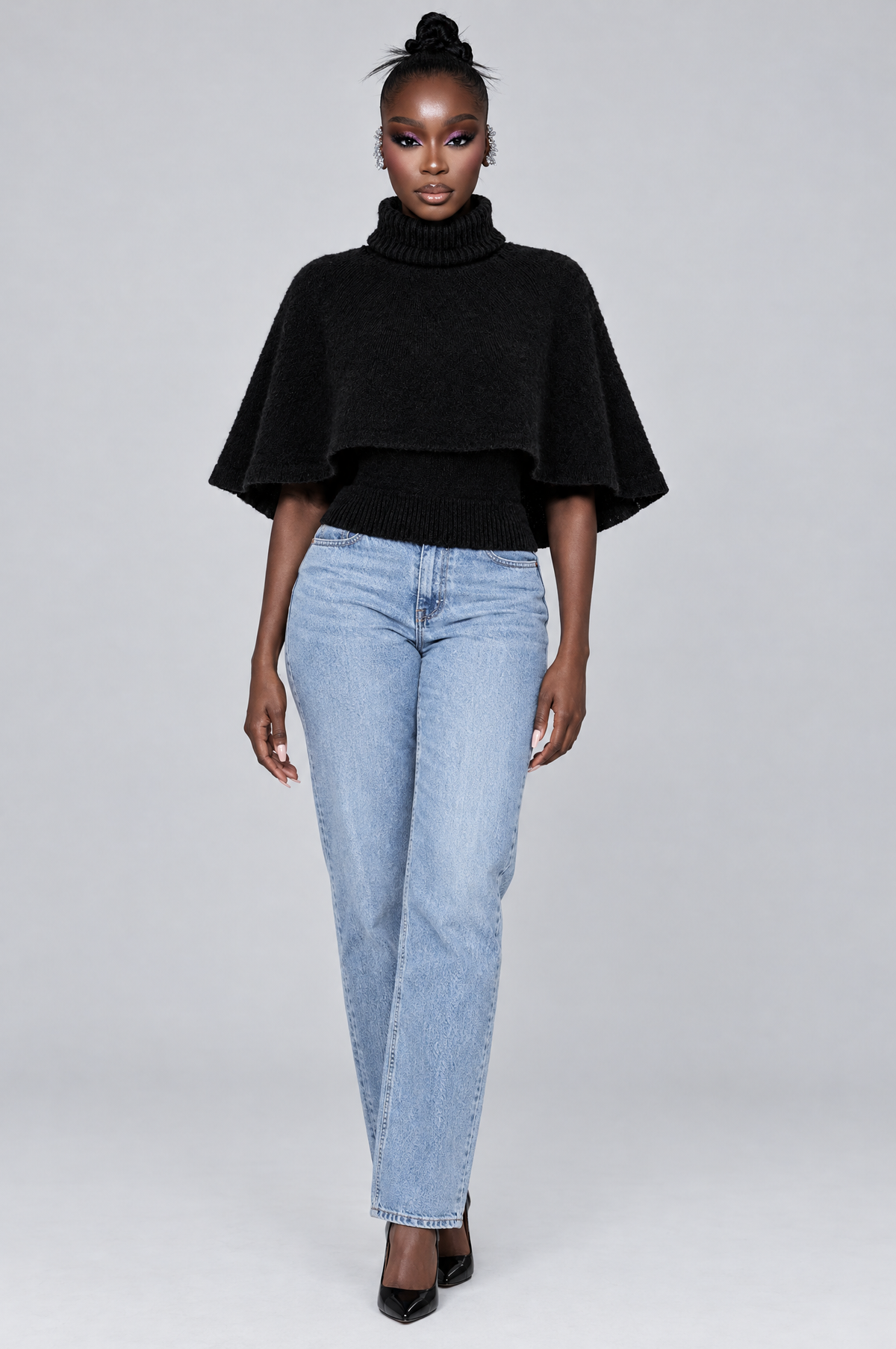 Shadow Cape Turtleneck Knit Top