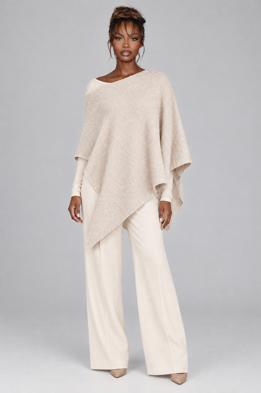 Oatmeal One-Shoulder Knit Poncho