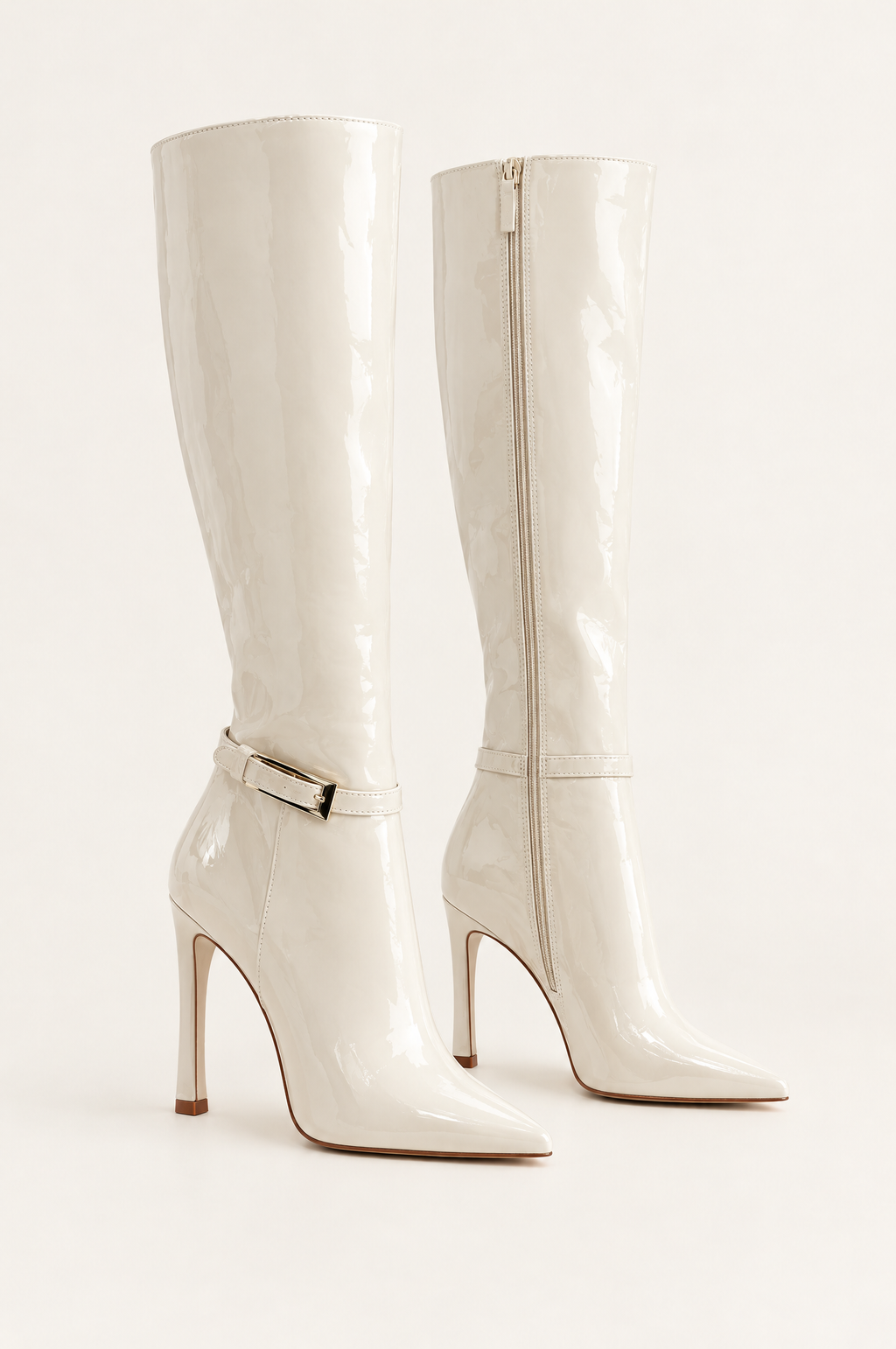Ivory Patent Buckle Knee-High Boots