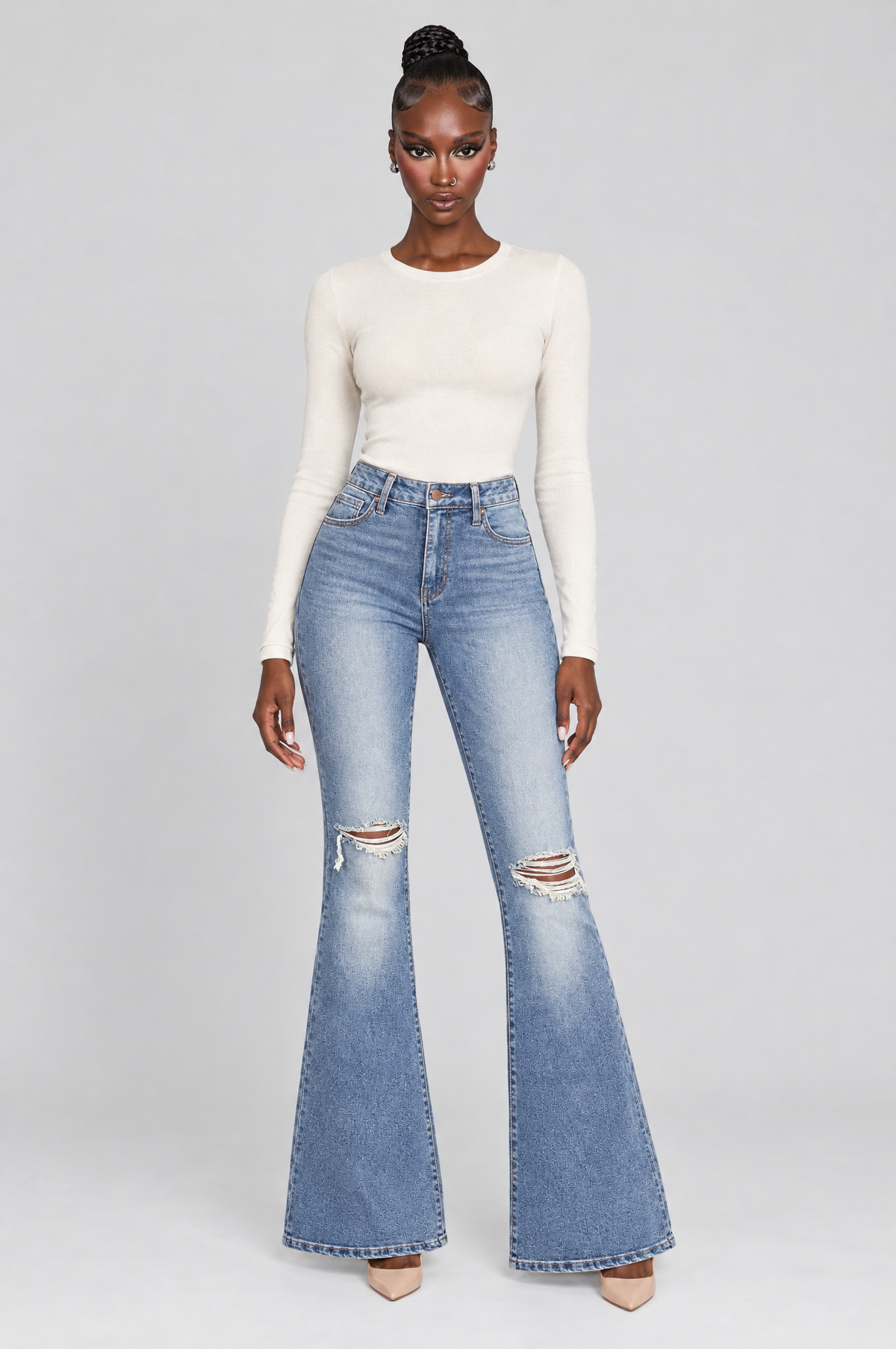Vintage Ripped Flare Jeans on model