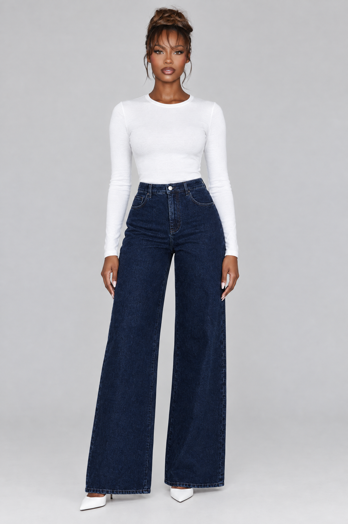 Indigo High-Rise Wide-Leg Jeans on model