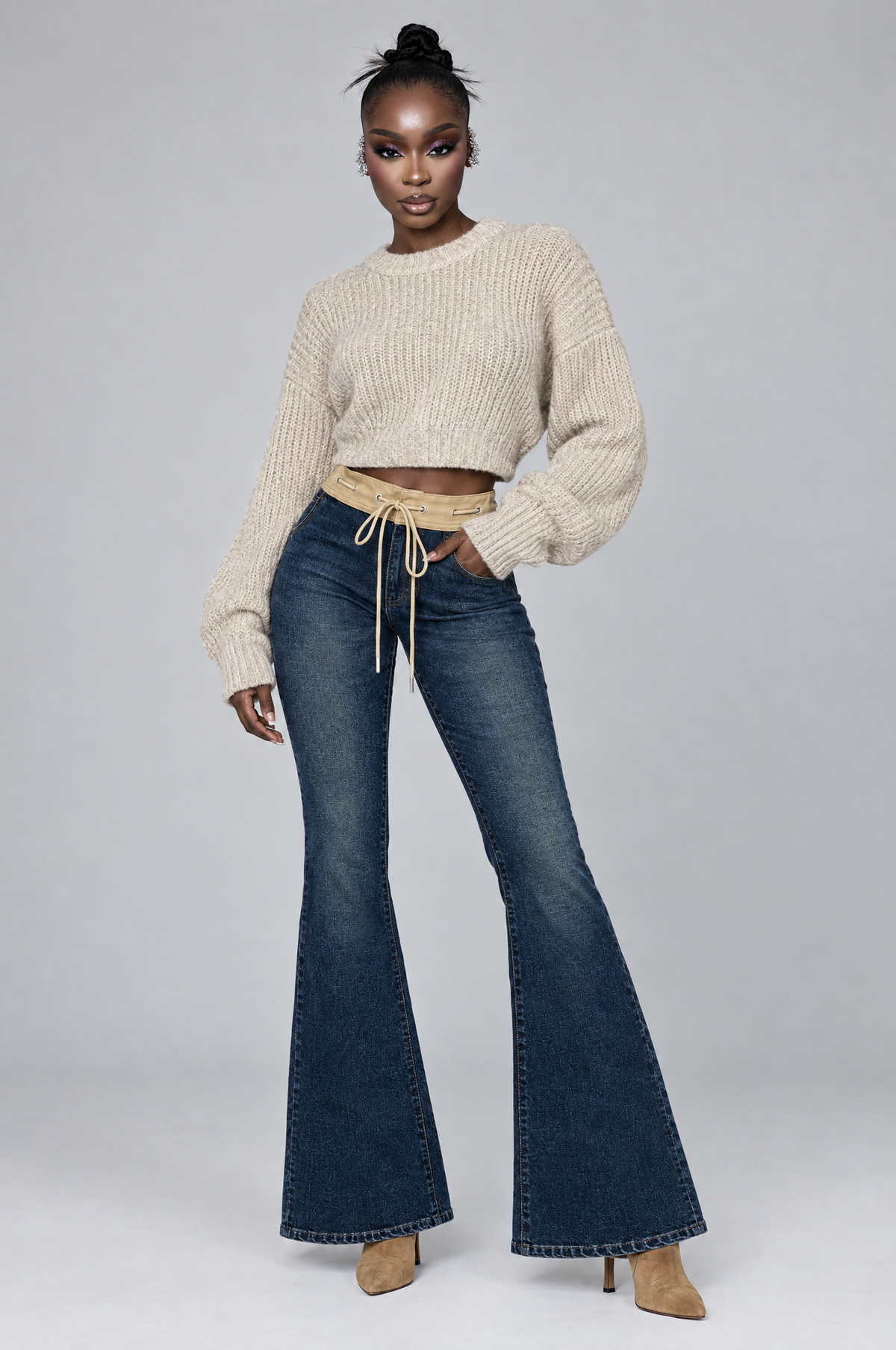 Retro Drawstring Low-Rise Flare Jeans on model