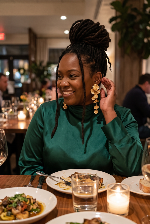 Aurora Gold Petal Statement Earrings worn by customer