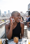 Teardrop Pavé Statement Earrings worn by customer