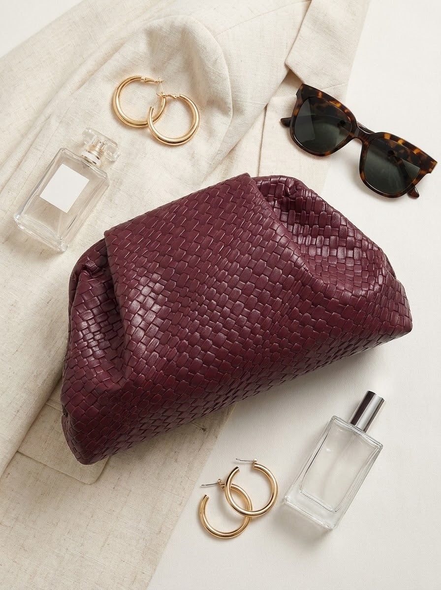 Burgundy Woven Pouch Clutch
