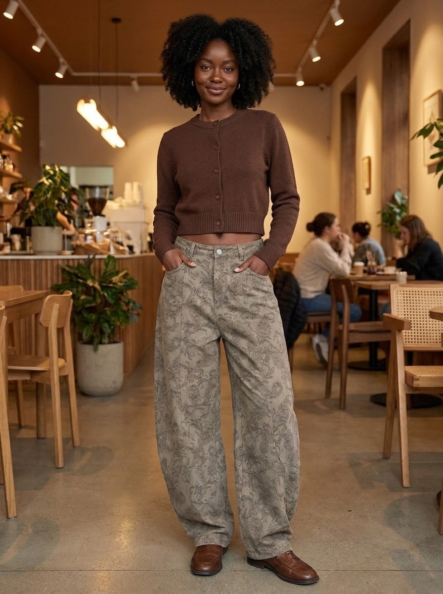 Paisley Print Barrel Wide-Leg Jeans