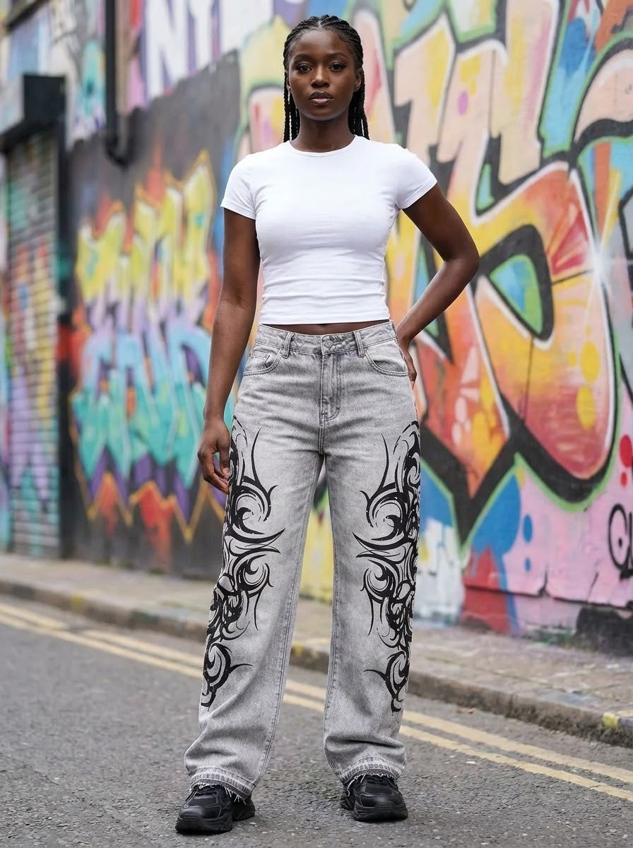 Y2K Tribal Print Loose Jeans