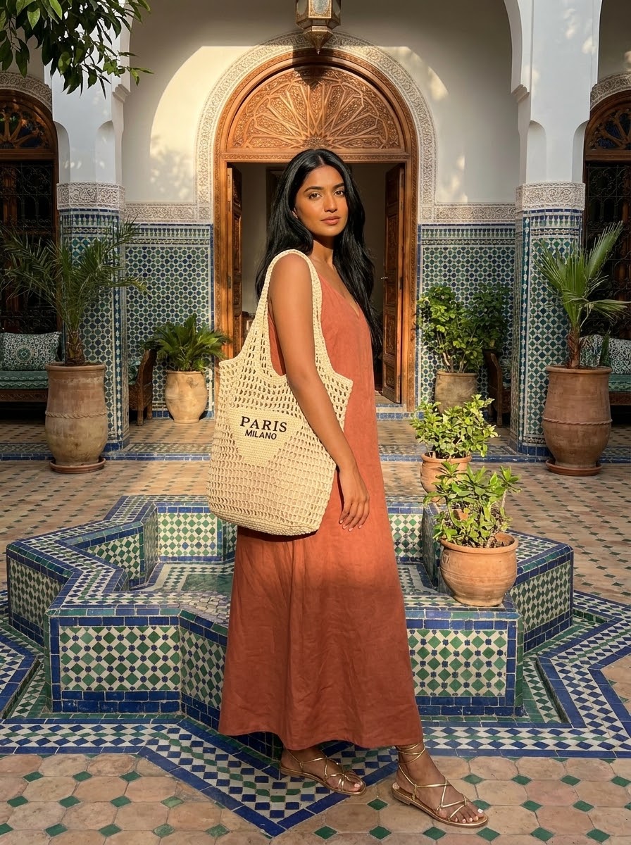 Model with the Crochet Straw Tote in a Moroccan courtyard