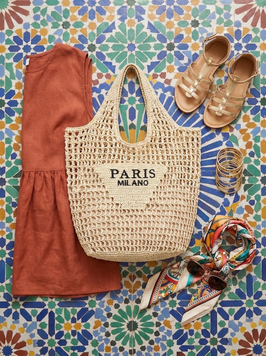 Crochet Straw Tote flat-lay on mosaic tiles
