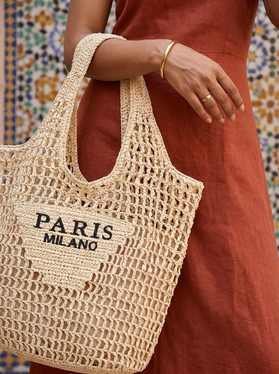 Close-up of the crochet straw tote