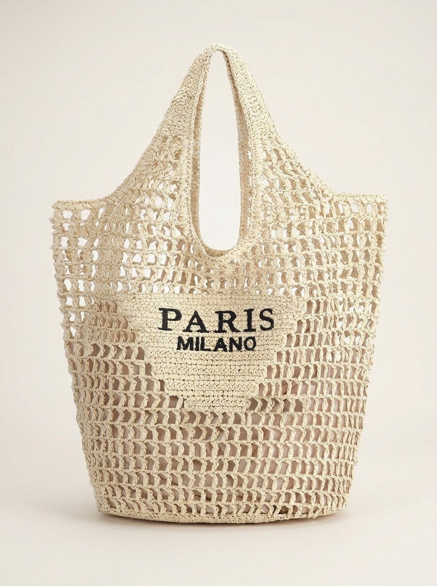 Cream Crochet Straw Tote, studio