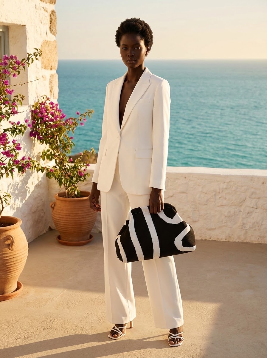 Model holding the Graphic Stripe Knit Clutch on a terrace