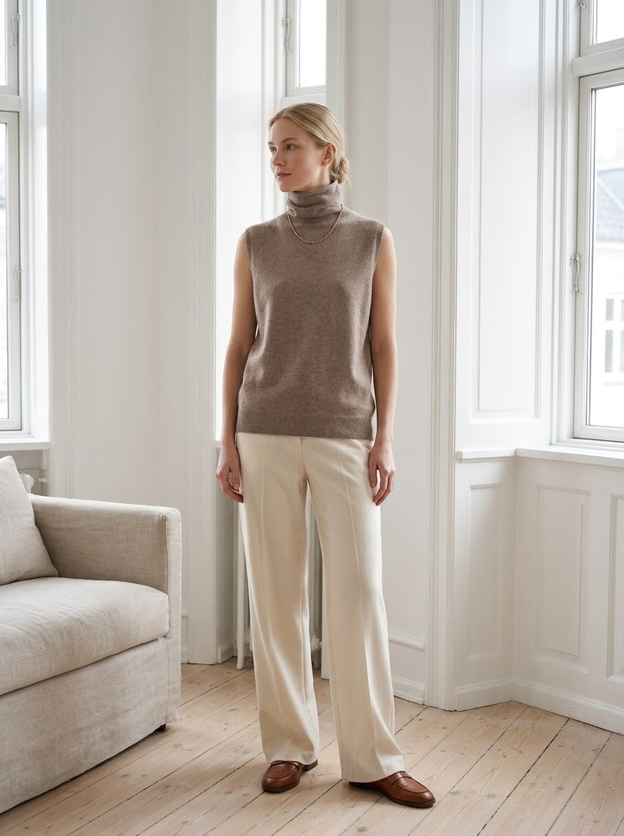 Model wearing the camel Merino Wool Sleeveless Turtleneck in a bright loft