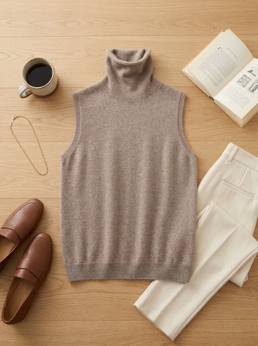Merino Wool Sleeveless Turtleneck flat-lay with trousers and loafers