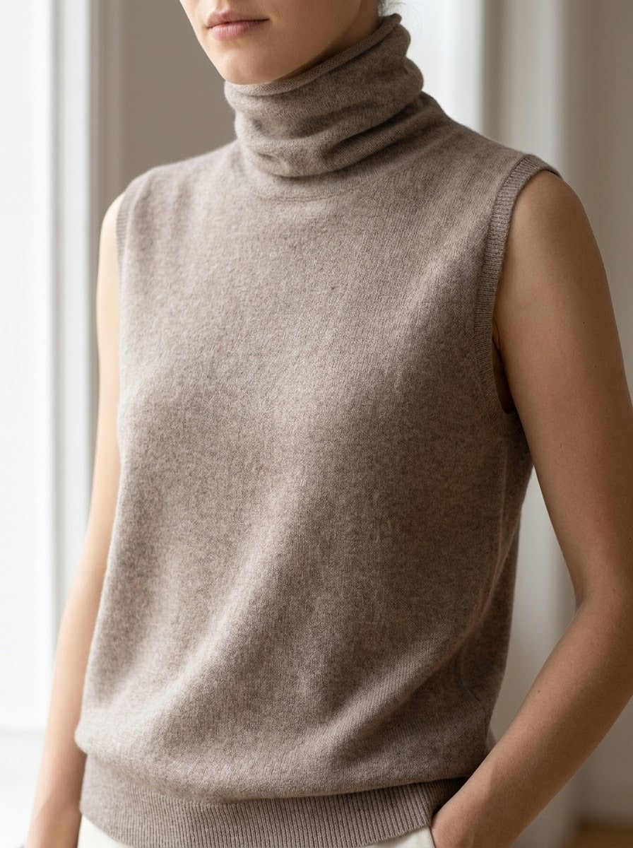 Close-up of the merino turtleneck collar and knit