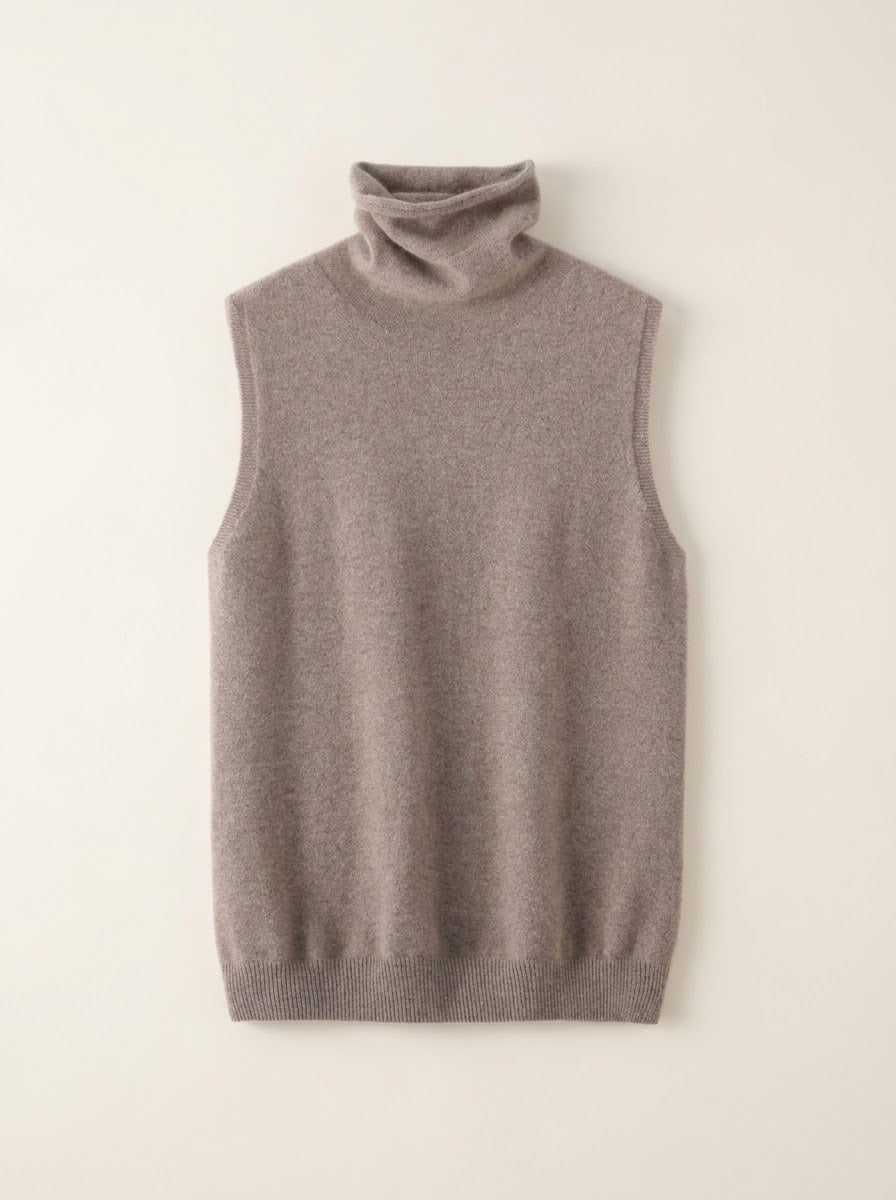 Camel Merino Wool Sleeveless Turtleneck, studio