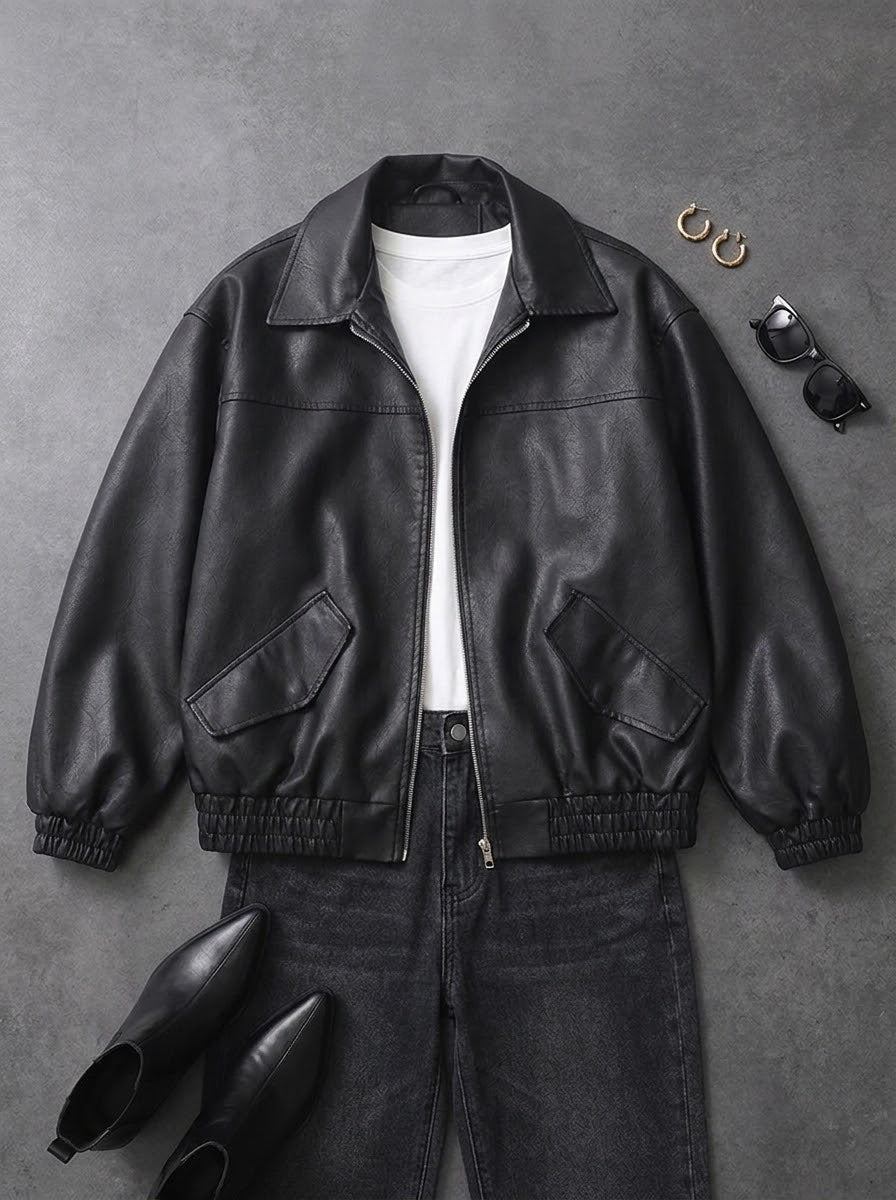 Faux leather moto jacket flat-lay with jeans and boots