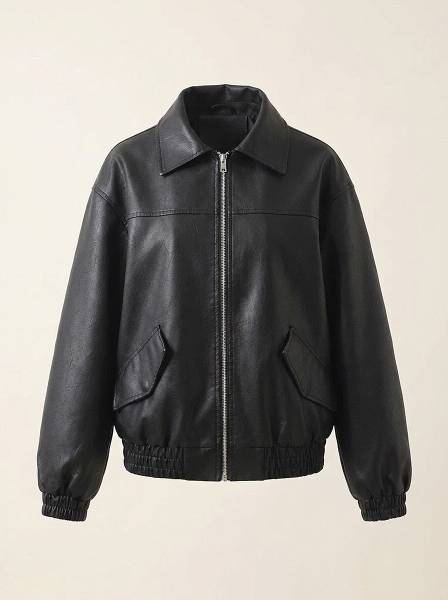 Black Oversized Faux Leather Moto Jacket, studio