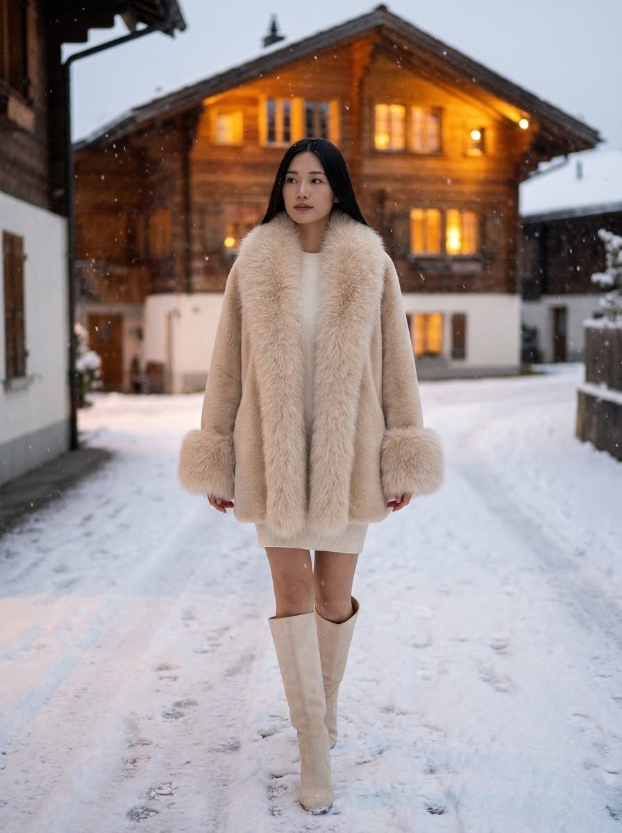 Model wearing the beige Plush Faux Fur Collar Coat in a snowy village