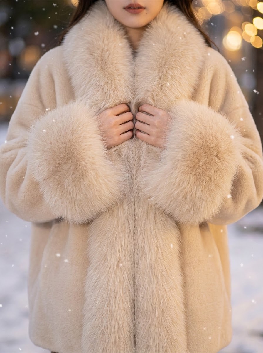 Close-up of the plush faux fur collar and cuffs