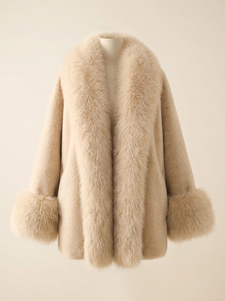 Beige Plush Faux Fur Collar Coat, studio
