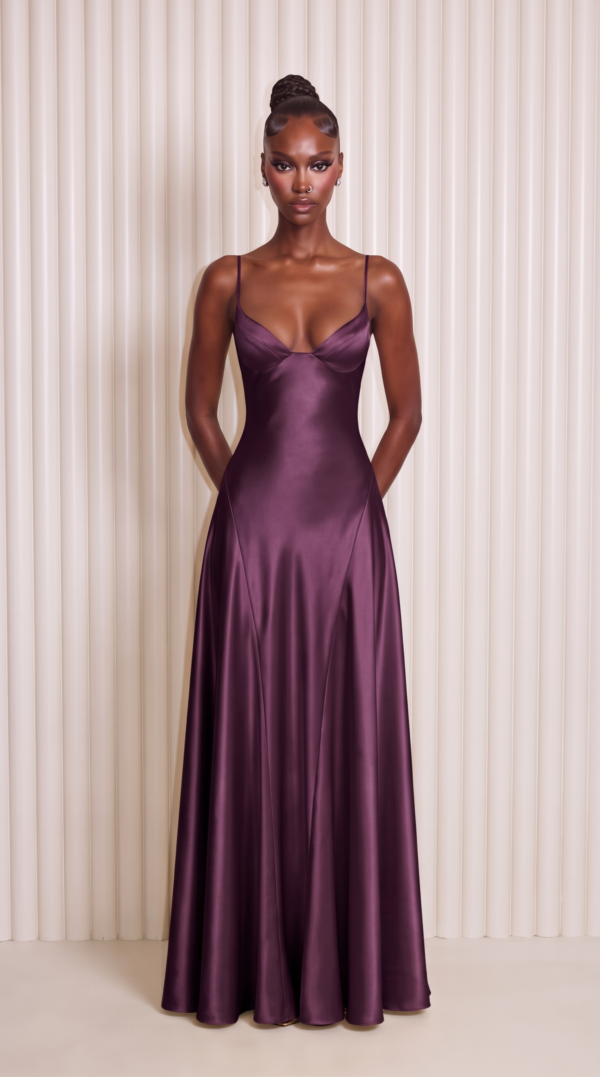 Deep purple satin maxi dress, front