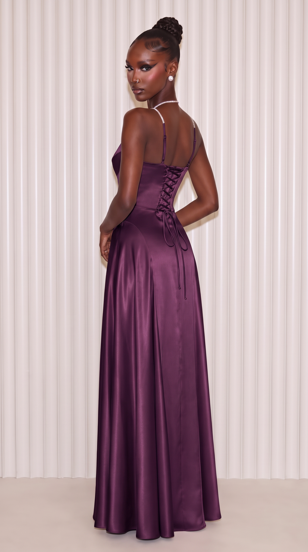 Deep purple satin maxi dress, lace-up corset back
