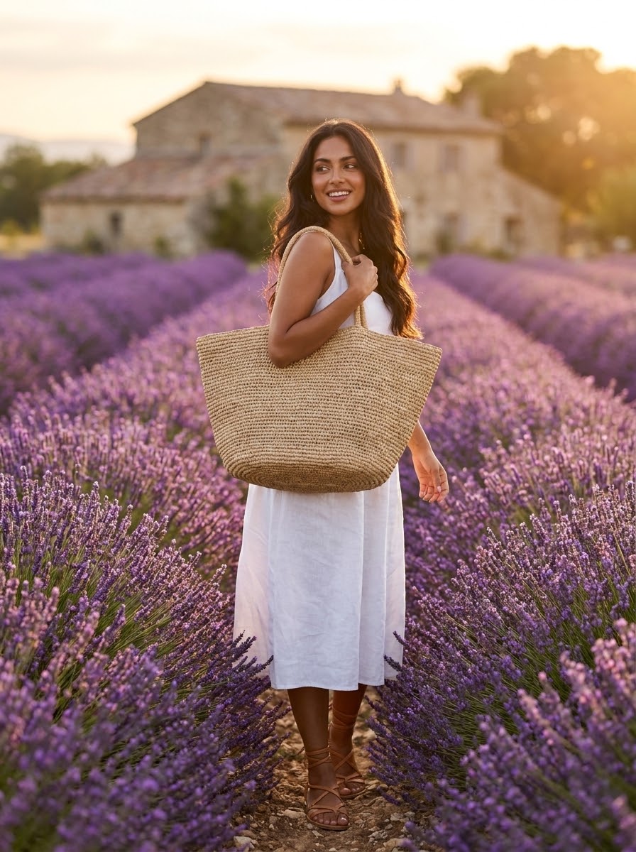 Model with the Large Handwoven Raffia Tote in a lavender field