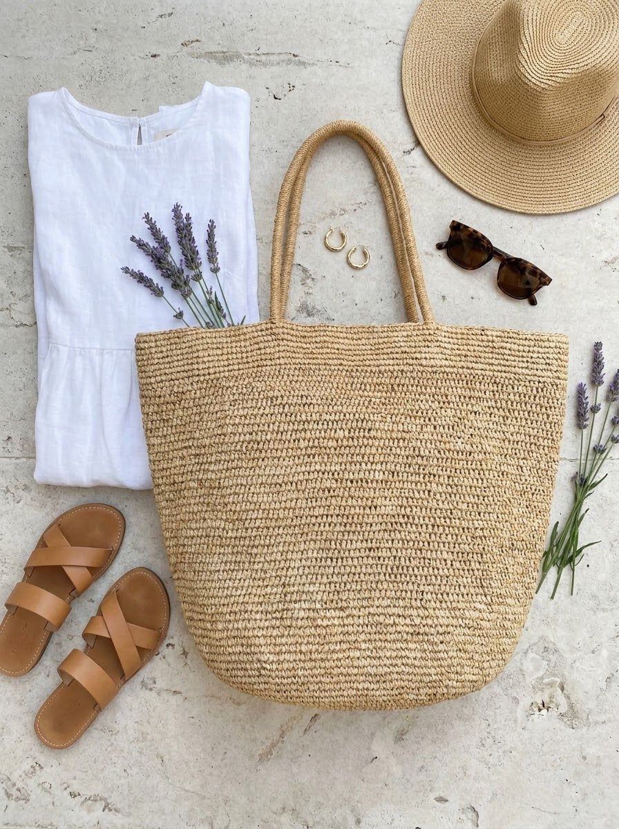 Raffia tote flat-lay with linen dress and sandals