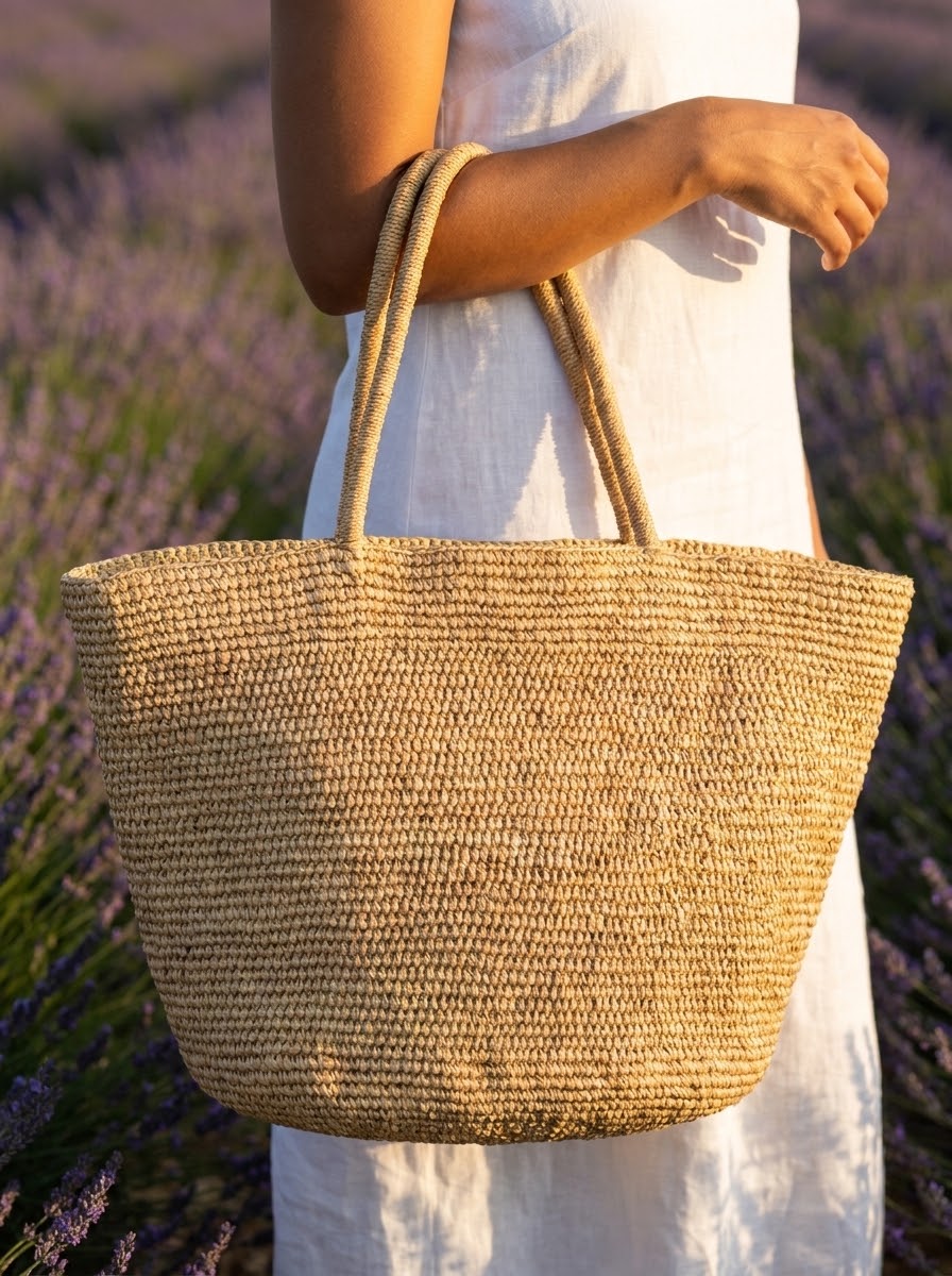 Close-up of the woven raffia tote